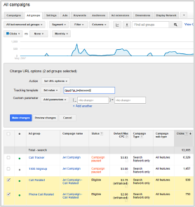 Screenshot: Ensure that the action is Set URL options and then copy and paste {lpurl}?jvt_k={keyword} into the Tracking