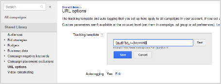 Screenshot: Click the Edit button next to the Tracking Template and paste {lpurl}?jvt_k={keyword}