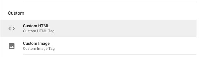 Screenshot: For tag type, select Custom HTML