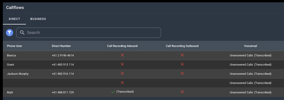 Screenshot: Callflows come in two major types, Direct and Business. You can switch between these types with the tabs on