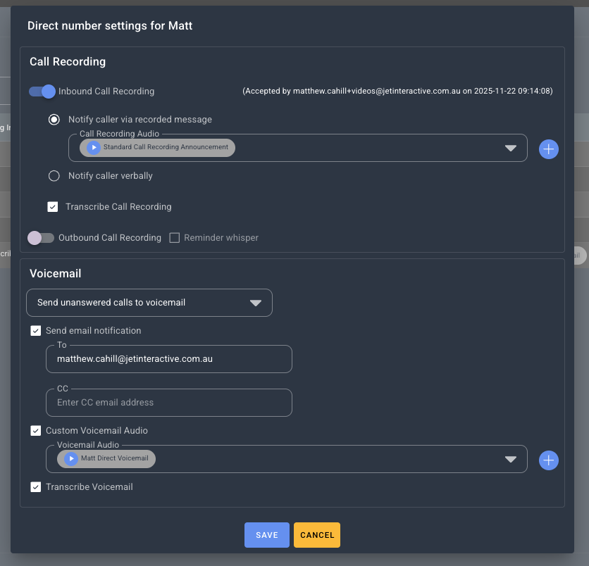 Screenshot: Callflows come in two major types, Direct and Business. You can switch between these types with the tabs on