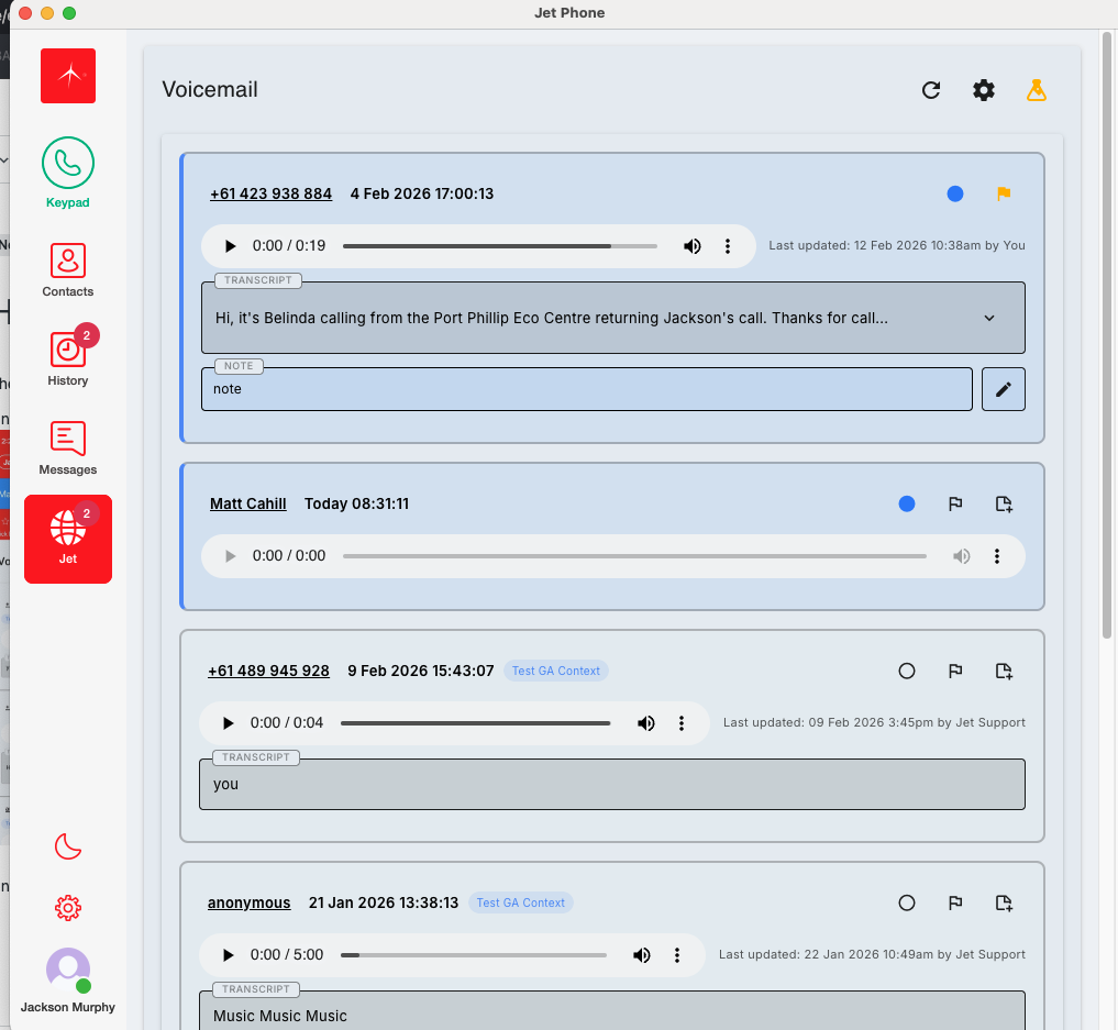 Screenshot: If the window for your softphone application is minimised or reduced in size, you might not see the 'Jet' ta
