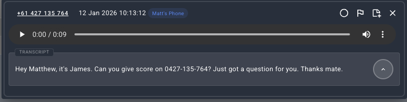 Screenshot: Voicemails are also transcribed. Useful for skimming for key information from the voicemail such as a phone